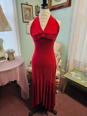 ​Vintage Style Red Halter Maxi Dress Asymmetrical Ruffle Hem K.Y Brand